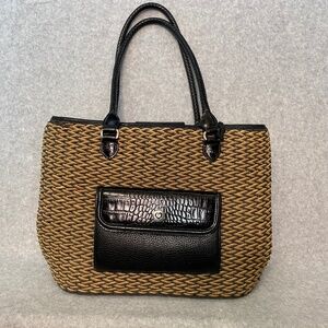 Brighton Woven Straw Shoulder Bag Tote Beige With Black Leather Straps & Pocket